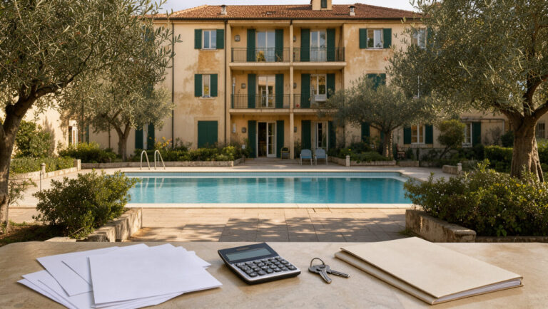 Immeuble d’appartements méditerranéen dans le Var avec une table présentant des documents vierges, une calculatrice, des clés et un dossier d’entretien.