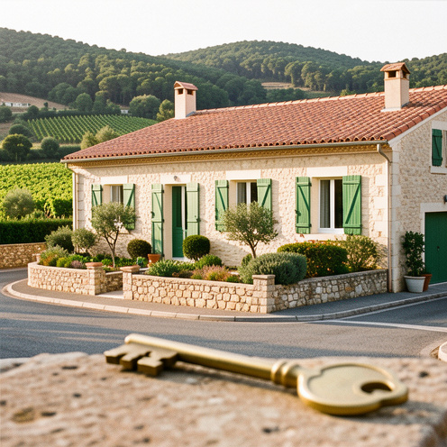 Maison provençale au Muy, entourée d’un jardin méditerranéen, avec une clé au premier plan et les collines boisées en arrière-plan.