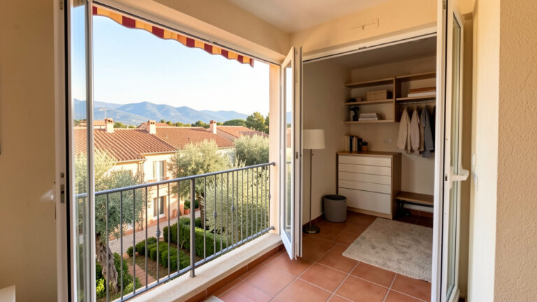 Studio lumineux dans le Var avec balcon, architecture méditerranéenne, rangements pratiques et finitions soignées, illustrant les critères d’un investissement immobilier pertinent.