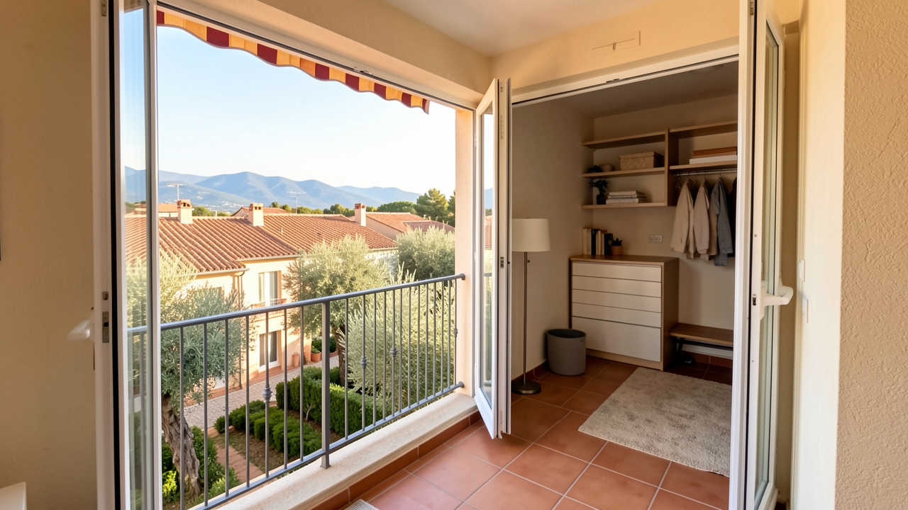 Studio lumineux dans le Var avec balcon, architecture méditerranéenne, rangements pratiques et finitions soignées, illustrant les critères d’un investissement immobilier pertinent.