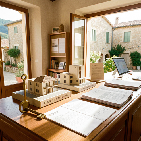 Bureau accueillant d’une agence immobilière dans une ville provençale près du Muy, avec une clé, des maquettes de maisons et des documents neutres sur un comptoir éclairé par la lumière naturelle.