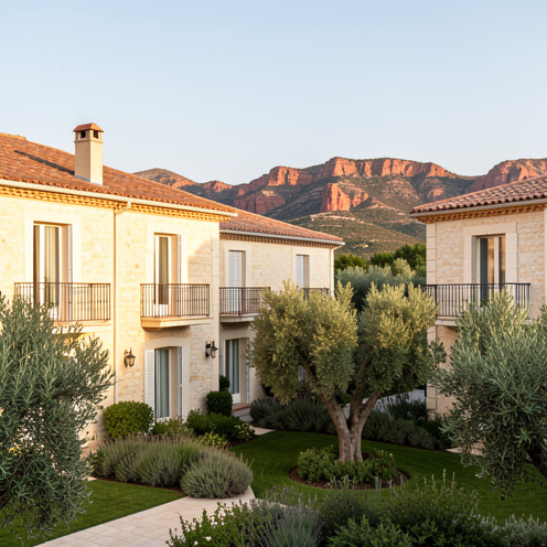 Résidence d’appartements aux façades en pierre claire, entourée d’oliviers, avec les collines rouges de Roquebrune-sur-Argens en arrière-plan.