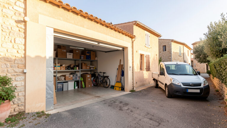 Espace de stockage propre et garage spacieux avec étagères, cartons, vélos et utilitaire dans un cadre méditerranéen du Var.