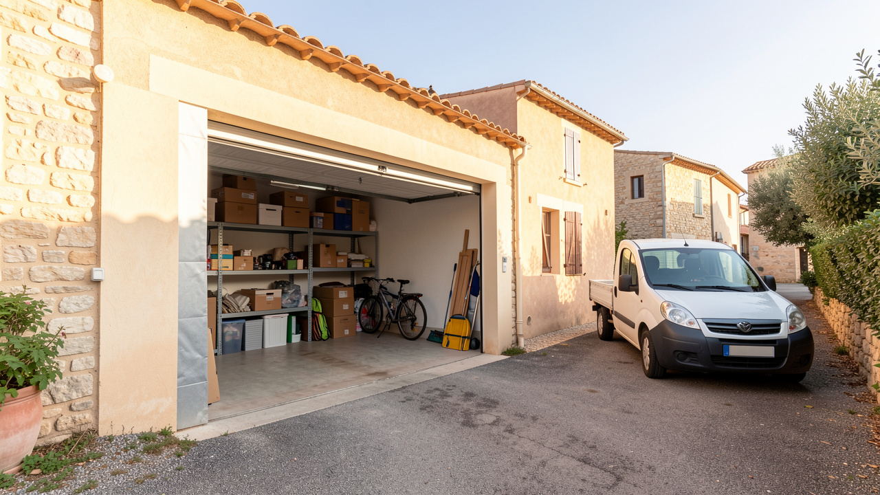 Espace de stockage propre et garage spacieux avec étagères, cartons, vélos et utilitaire dans un cadre méditerranéen du Var.