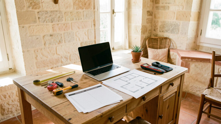 Bureau à domicile lumineux dans une maison provençale de l’Est Var, avec clés, mètre ruban, outils de diagnostic et plan architectural vierge.