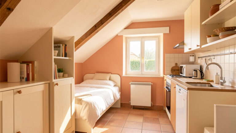 Petite chambre de bonne aménagée en studio lumineux, présentée comme une possibilité d’investissement locatif au Muy.