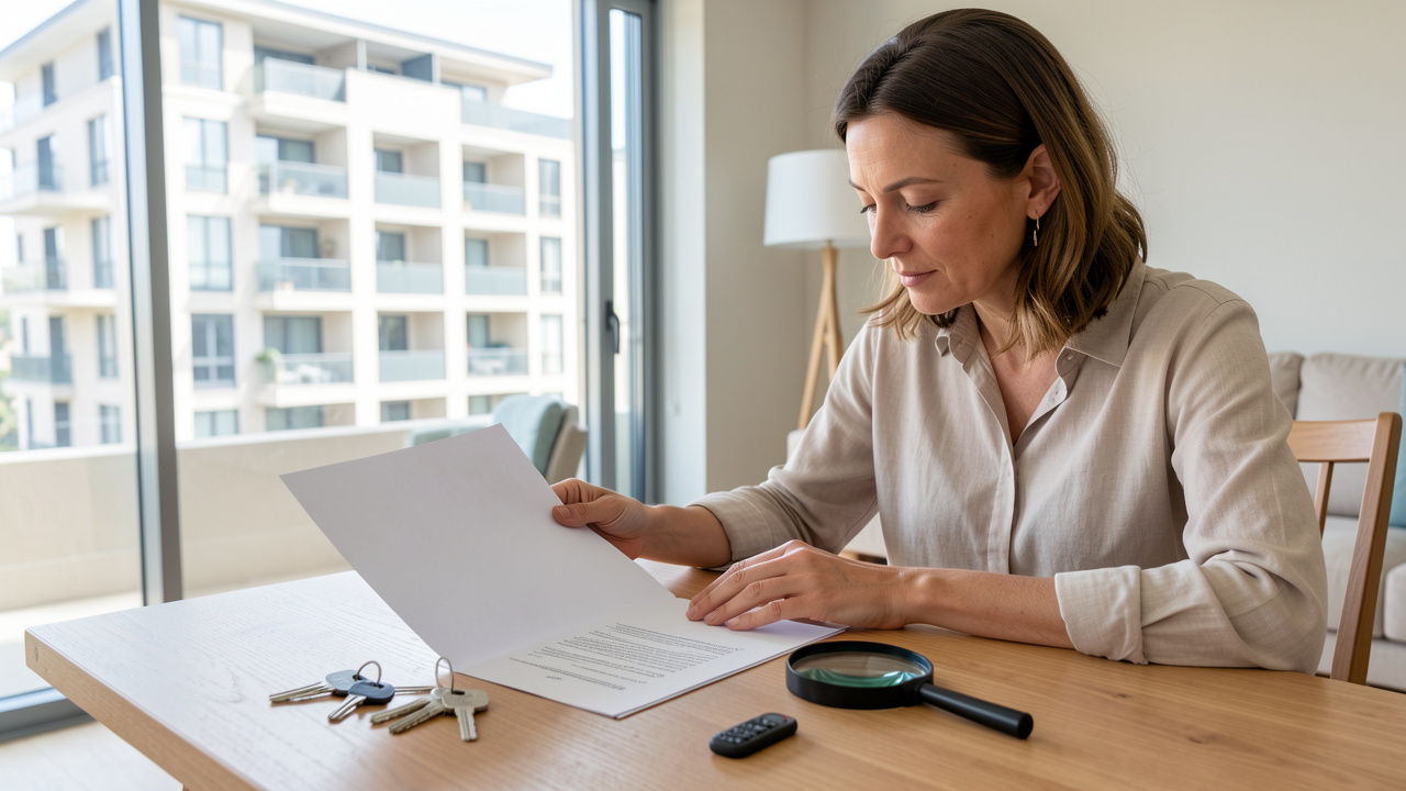 Une femme examine des documents de copropriété vierges à côté de clés et d’une loupe, dans un appartement moderne.