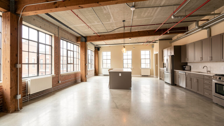 Intérieur lumineux d’un loft industriel montrant les éléments à vérifier avant un achat, notamment les murs, le plafond, les installations et les grandes fenêtres.