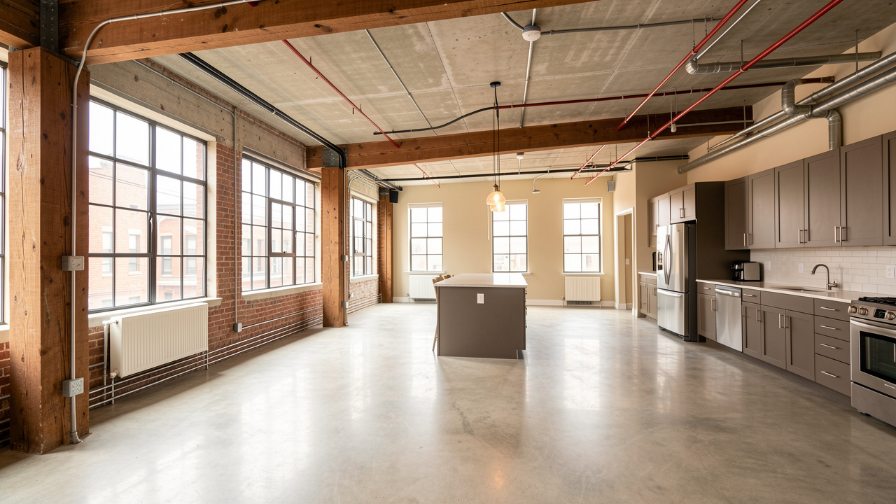 Intérieur lumineux d’un loft industriel montrant les éléments à vérifier avant un achat, notamment les murs, le plafond, les installations et les grandes fenêtres.