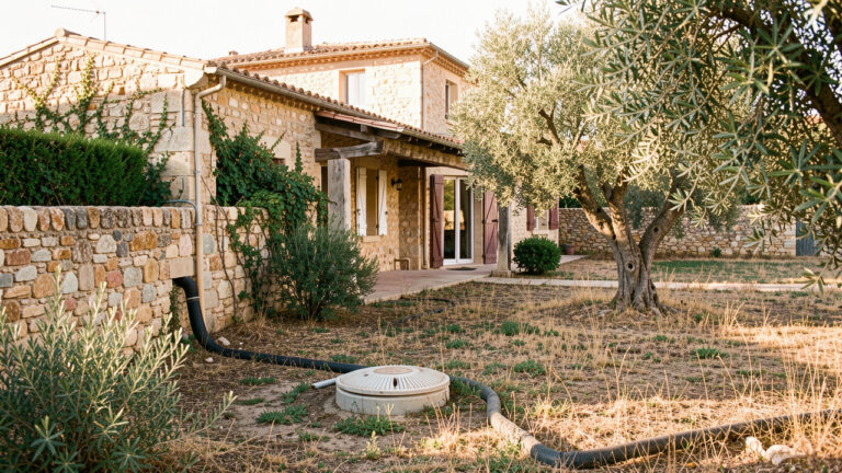 Maison méditerranéenne dans l’Est Var avec regard d’inspection d’un système d’assainissement individuel visible dans le jardin.
