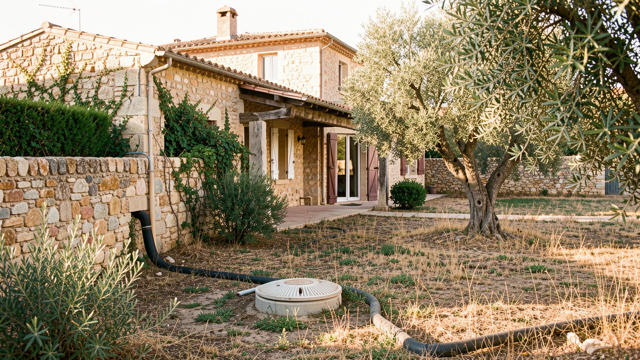 Maison méditerranéenne dans l’Est Var avec regard d’inspection d’un système d’assainissement individuel visible dans le jardin.