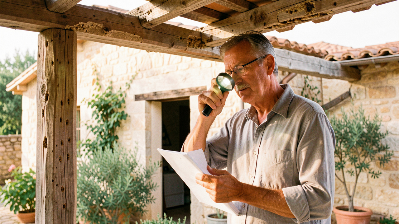 Inspecteur immobilier examinant des poutres en bois dans une maison provençale de l’Est Var afin de repérer d’éventuelles traces de termites.
