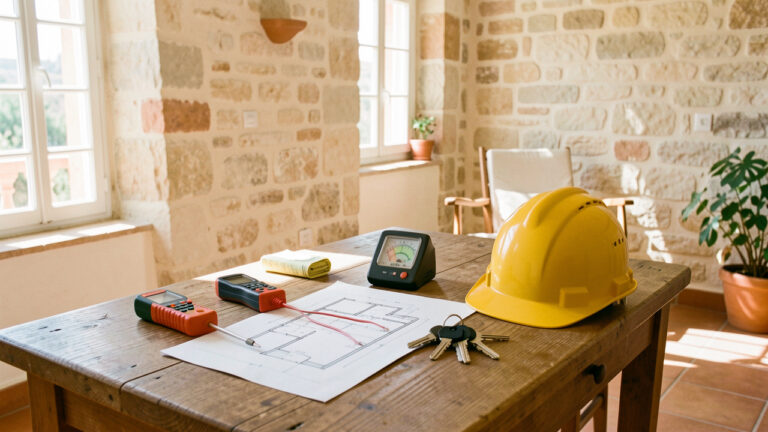 Intérieur lumineux d’un appartement méditerranéen avec des outils de diagnostic immobilier, des clés et des plans vierges disposés sur une table en bois.