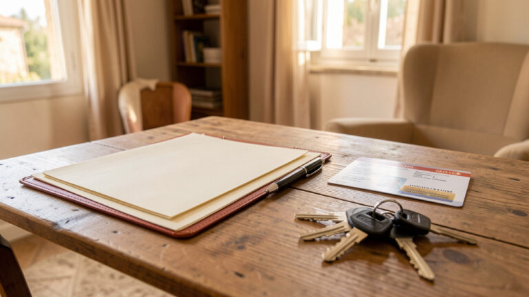 Dossier de location soigneusement organisé avec des documents vierges, un stylo et des clés d’appartement sur une table en bois.