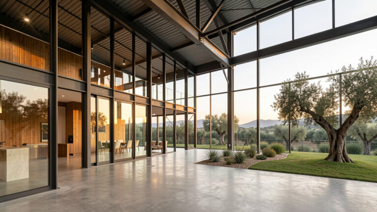 Entrepôt industriel rénové en propriété immobilière haut de gamme, avec une architecture élégante, de grandes baies vitrées, des matériaux raffinés et un paysage méditerranéen.