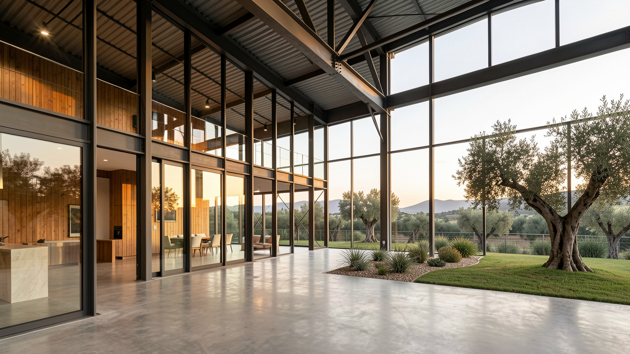 Entrepôt industriel rénové en propriété immobilière haut de gamme, avec une architecture élégante, de grandes baies vitrées, des matériaux raffinés et un paysage méditerranéen.