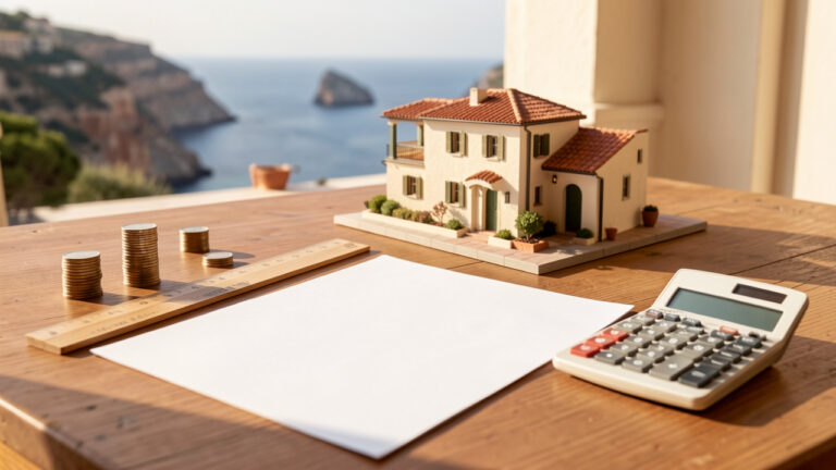 Bureau de préparation immobilière avec maquette de villa méditerranéenne, documents vierges, règle en bois, pièces et calculatrice, évoquant l’estimation des frais de notaire avant un achat dans le Var.