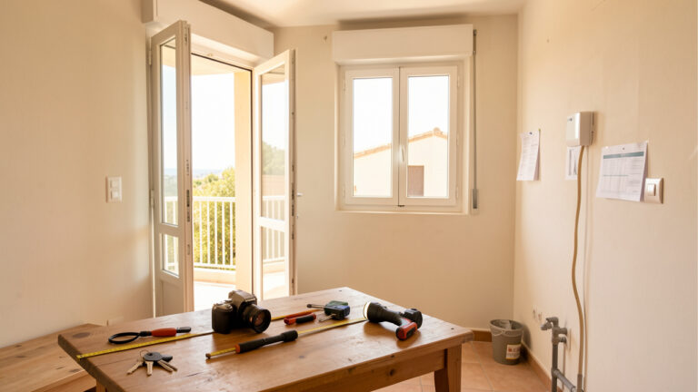 Intérieur lumineux d’un appartement locatif avec clés et outils d’inspection disposés sur une table, illustrant un état des lieux soigneux.