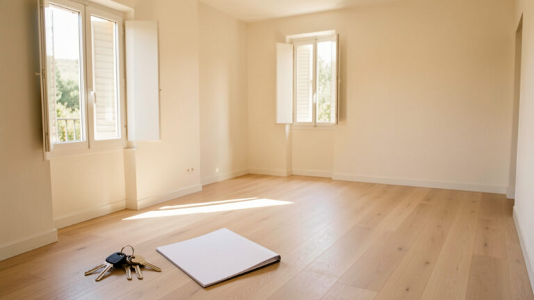 Appartement locatif lumineux et vide dans l’Est du Var, avec des clés et un dossier vierge posés sur un comptoir avant la remise des clés.