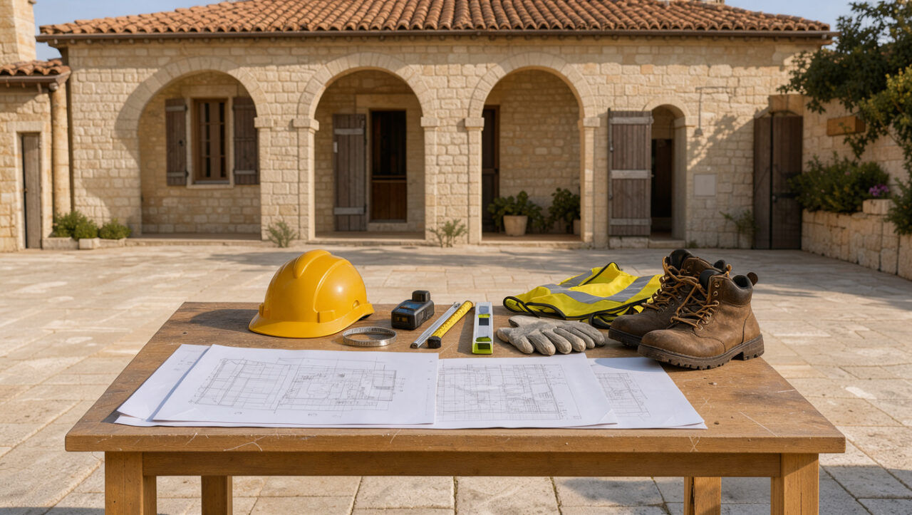 Bâtiment méditerranéen de l’est du Var avec du matériel d’inspection et des plans vierges évoquant l’évaluation des risques avant une vente ou une location.