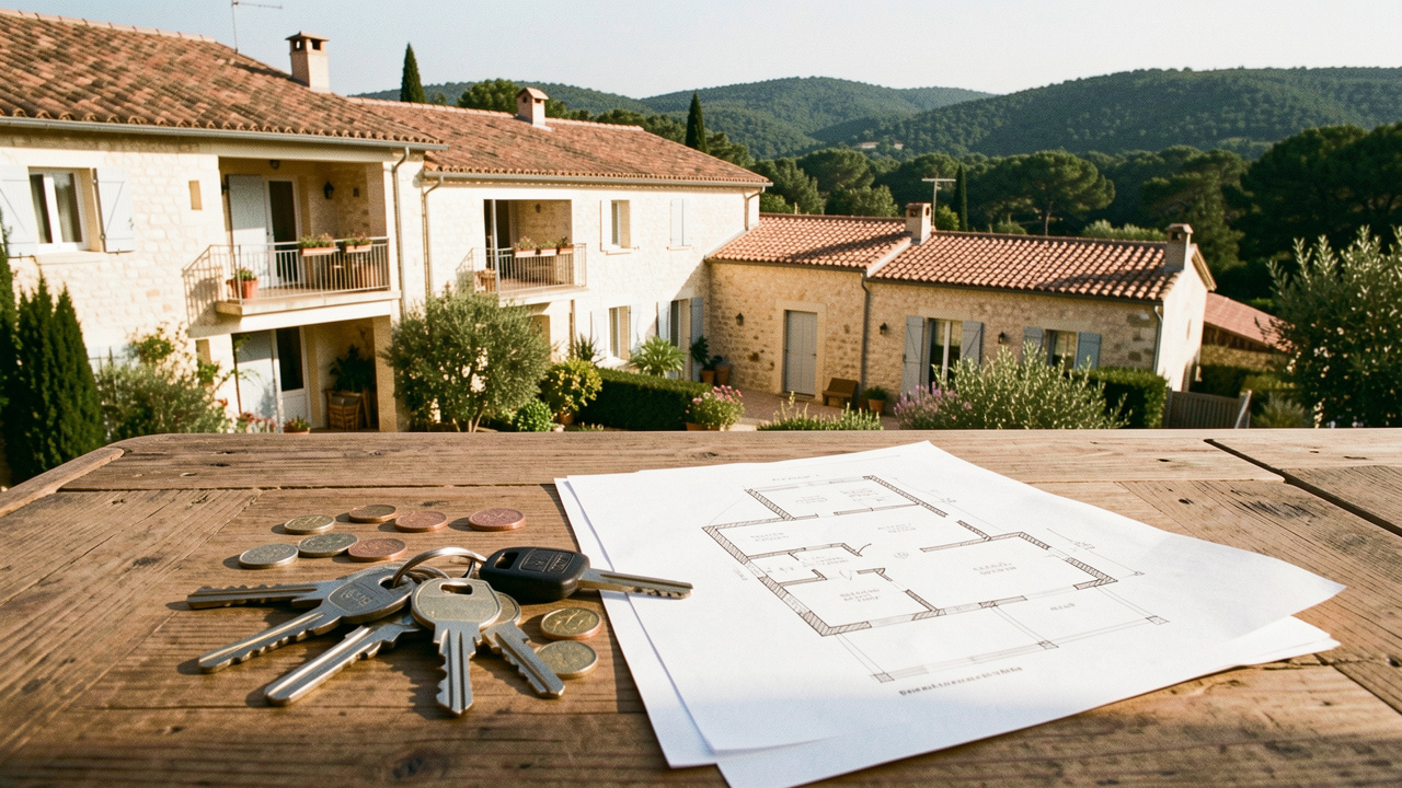 Immeuble locatif provençal ensoleillé dans l’Est du Var, accompagné de clés, de pièces et d’un plan architectural vierge.