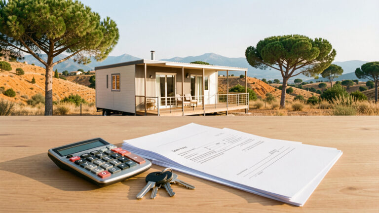 Mobil-home installé dans un paysage méditerranéen de l’Est du Var, accompagné de clés, d’une calculatrice et de documents vierges évoquant son financement.