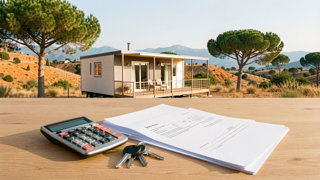 Mobil-home installé dans un paysage méditerranéen de l’Est du Var, accompagné de clés, d’une calculatrice et de documents vierges évoquant son financement.
