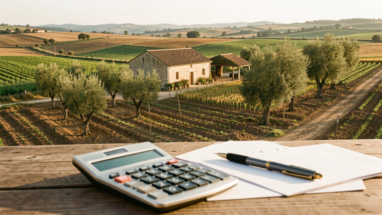 Paysage agricole de l’Est du Var avec champs cultivés, oliviers et bâtiment rural, évoquant un projet d’exploitation et son financement.
