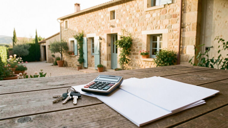 Maison provençale au Muy avec des clés, une calculatrice et des documents vierges évoquant la préparation du budget immobilier.