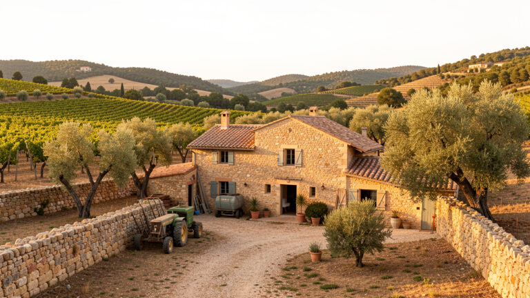Ferme provençale bien entretenue entourée de vignes, d’oliviers et de collines dans l’est du Var.