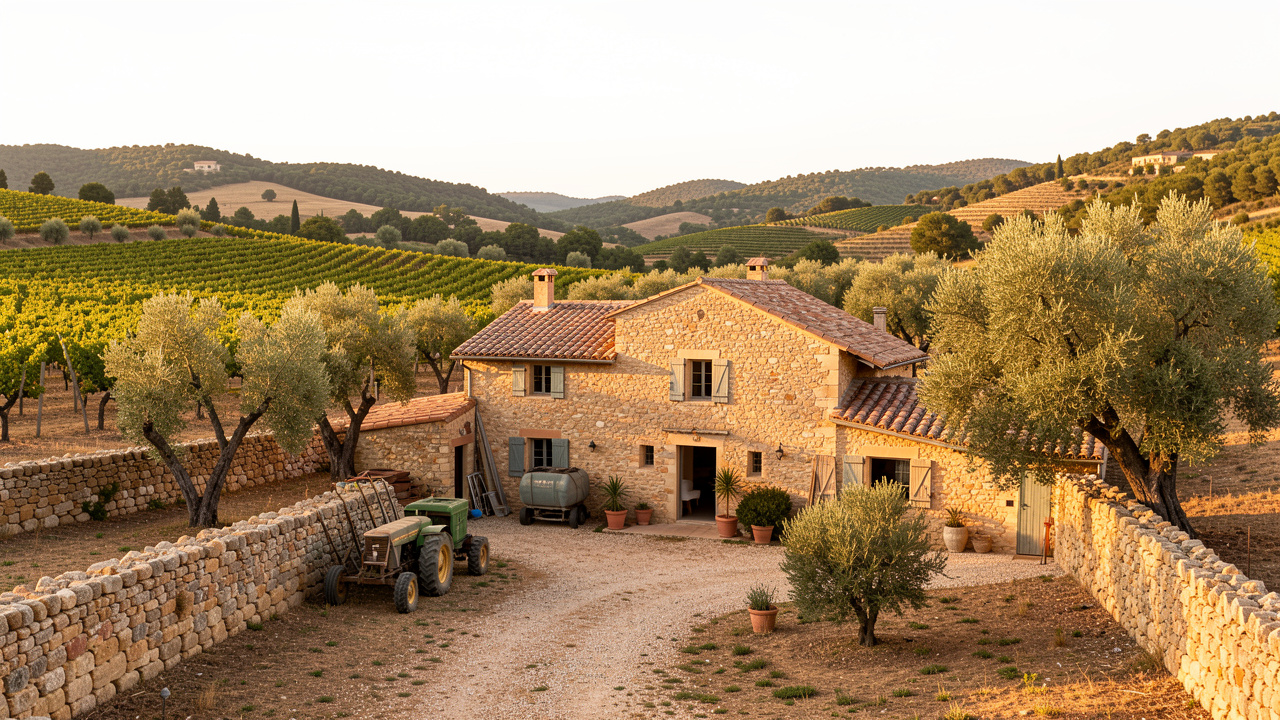 Ferme provençale bien entretenue entourée de vignes, d’oliviers et de collines dans l’est du Var.
