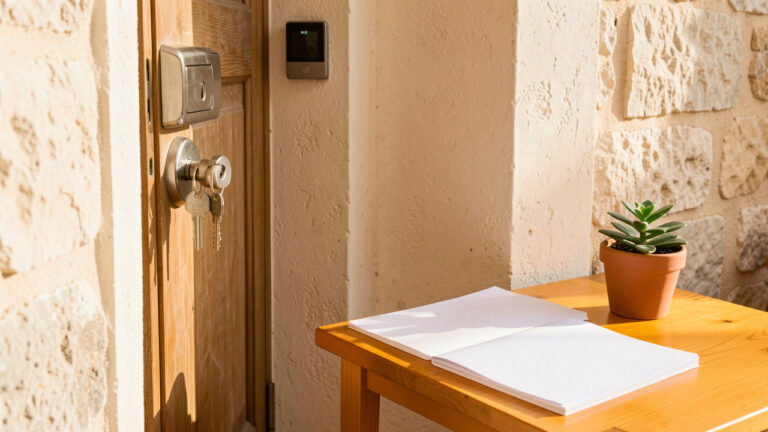 Entrée d’un appartement méditerranéen avec clés, serrure sécurisée et documents vierges illustrant une gestion locative soigneuse au Muy.