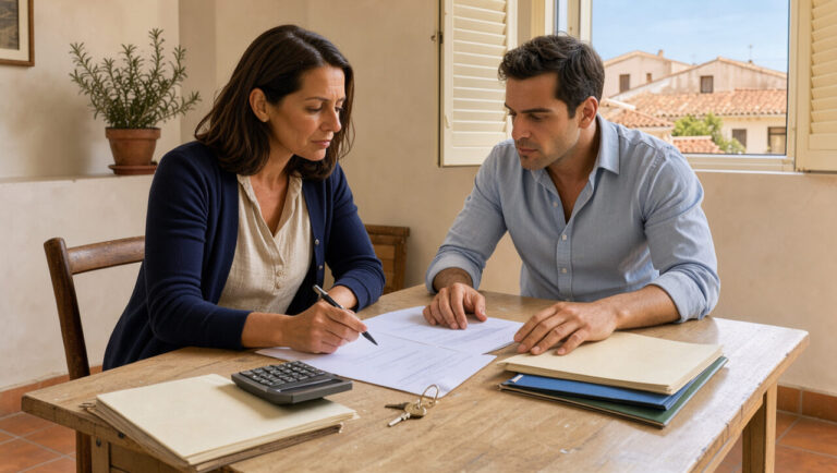 Une gestionnaire locative et un locataire échangent calmement autour de documents, de clés et d’une calculatrice dans un appartement lumineux inspiré du Muy.