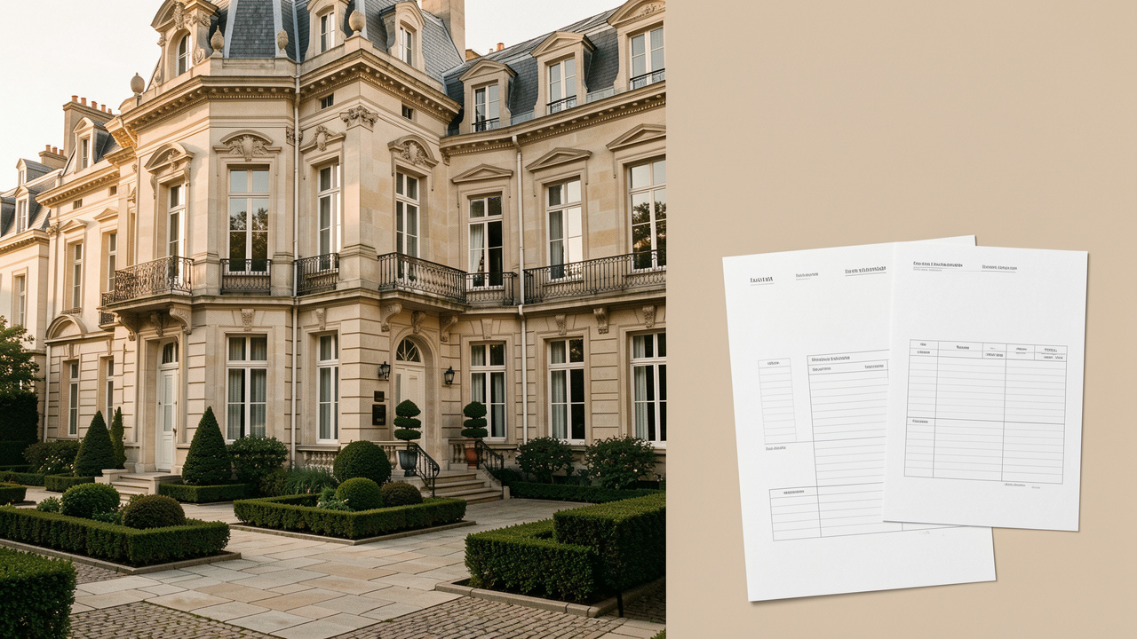 Hôtel particulier historique à la façade ornée, présenté comme un investissement immobilier avec une maquette architecturale et des documents vierges dans une lumière douce.
