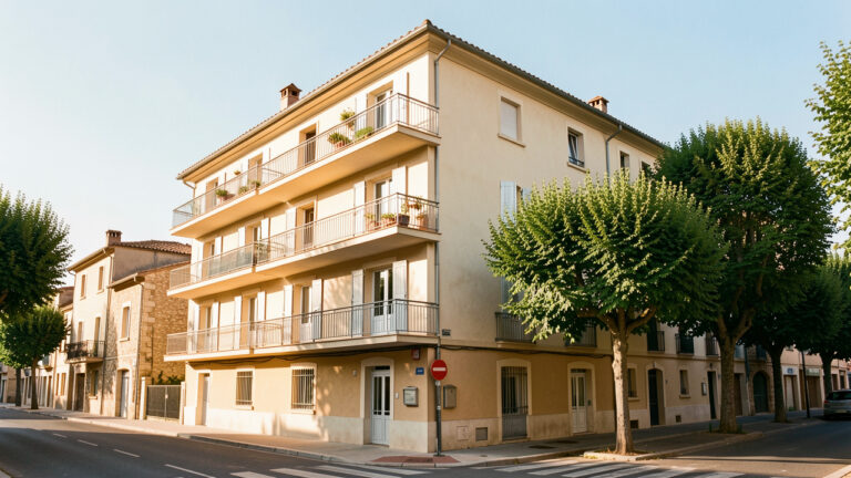 Immeuble résidentiel de plusieurs logements dans une ville ensoleillée du sud de la France, avec balcons et arbres matures.