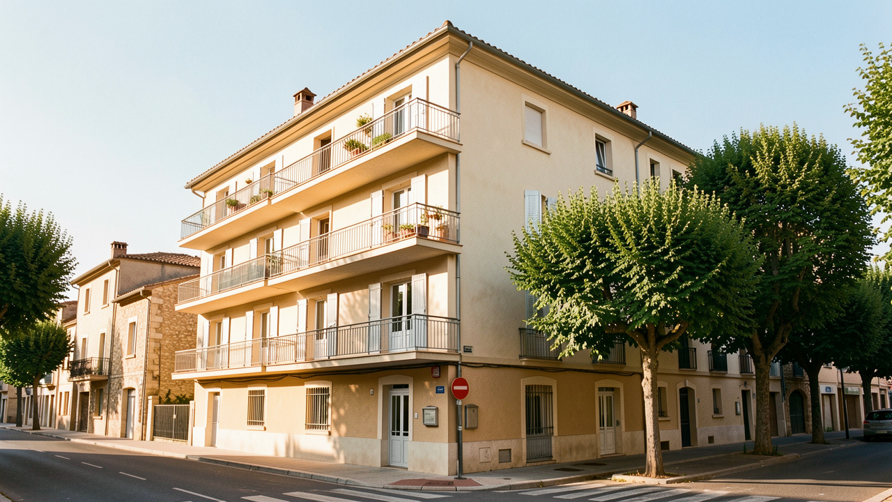 Immeuble résidentiel de plusieurs logements dans une ville ensoleillée du sud de la France, avec balcons et arbres matures.