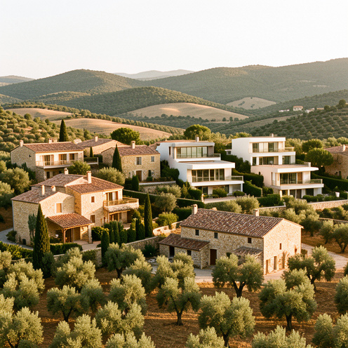 Vue réaliste d’un village provençal près de Flayosc avec maisons en pierre, villas modernes, bastide rénovée, oliviers et collines méditerranéennes.