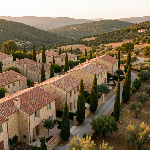 Vue panoramique de maisons provençales en pierre et aux toits en tuiles à La Garde-Freinet, entourées de collines boisées et de cyprès.