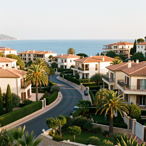 Vue d’un quartier résidentiel de Sainte-Maxime avec des villas provençales, des immeubles modernes, des jardins méditerranéens et la mer en arrière-plan.