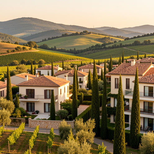 Quartier résidentiel de Vidauban avec villas aux toits en tuiles, appartements, cyprès, vignobles et collines provençales baignés de lumière dorée.