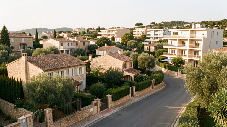 Vue réaliste de différents quartiers résidentiels du Muy, avec maisons provençales, appartements modernes et végétation méditerranéenne.