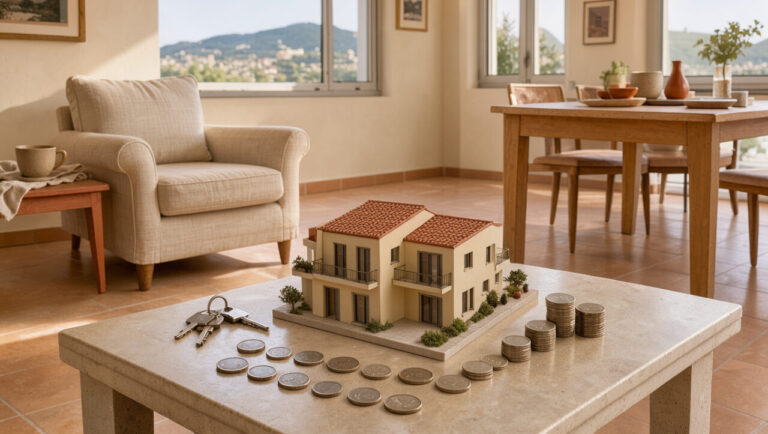 Appartement meublé lumineux dans l’Est du Var, avec des clés, une maquette architecturale et des pièces évoquant l’optimisation fiscale d’une location meublée.