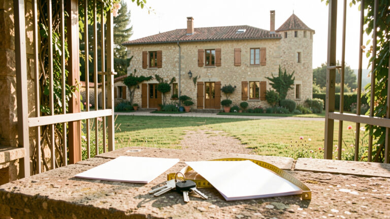 Maison provençale à louer près d’un château en pierre dans l’Est du Var, avec des clés et des documents vierges posés sur une table en pierre.