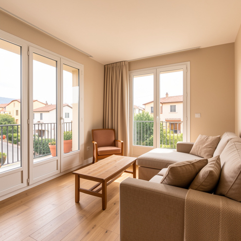 Intérieur lumineux d’un appartement meublé avec salon, grandes fenêtres et balcon donnant sur un quartier résidentiel calme au Muy.