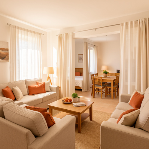 Intérieur lumineux d’un appartement meublé de deux pièces au Muy, avec salon chaleureux, espace repas et chambre visible en arrière-plan.