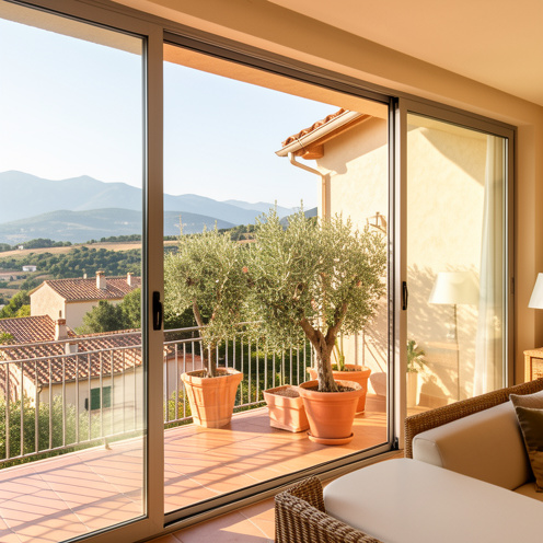 Appartement méditerranéen lumineux avec terrasse meublée, oliviers et vue sur les collines de Roquebrune-sur-Argens.