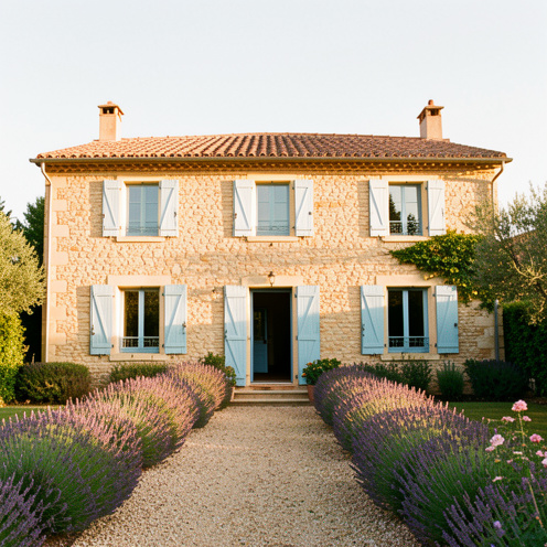Maison en pierre à louer à Lorgues, avec volets bleus, toit en tuiles rouges, jardin ensoleillé et bordures de lavande.