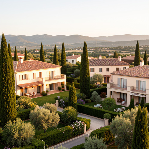 Quartier résidentiel du Muy avec des maisons provençales et un immeuble d'appartements entourés de jardins méditerranéens.