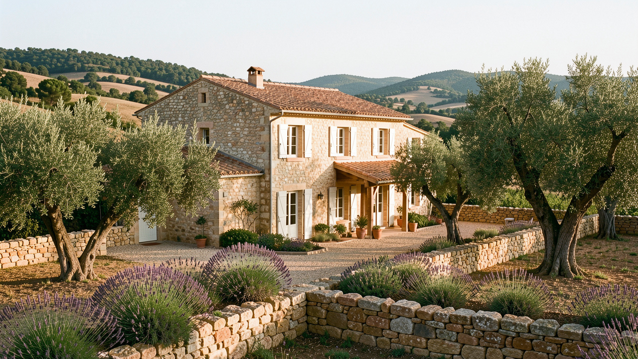 Longère en pierre traditionnelle de l’est du Var, entourée d’oliviers, de lavande, de murets en pierre sèche et de collines méditerranéennes.