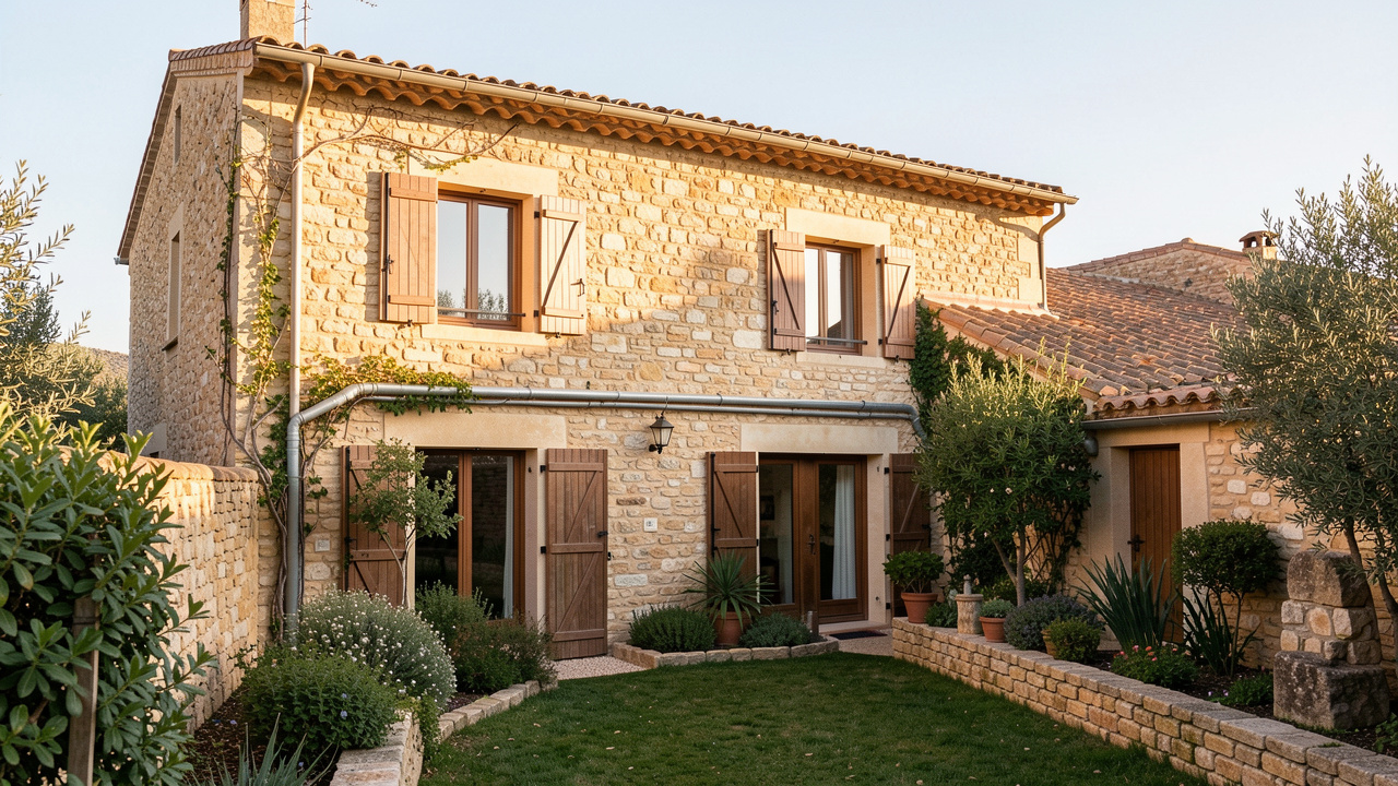 Maison de ville méditerranéenne dans le Var, avec façade en pierre, toiture en tuiles, volets, fenêtres, murs de clôture et jardin observés avant un achat immobilier.